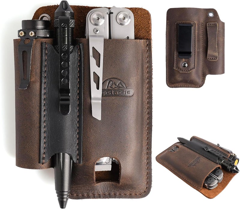 topstache Leather Multitool Sheath with Belt Clip - Multitool Holster for Belt - EDC Belt Organizer Fits, Flashlight, Pen - Leather Pouch - Holder, Dark Brown - Image 1